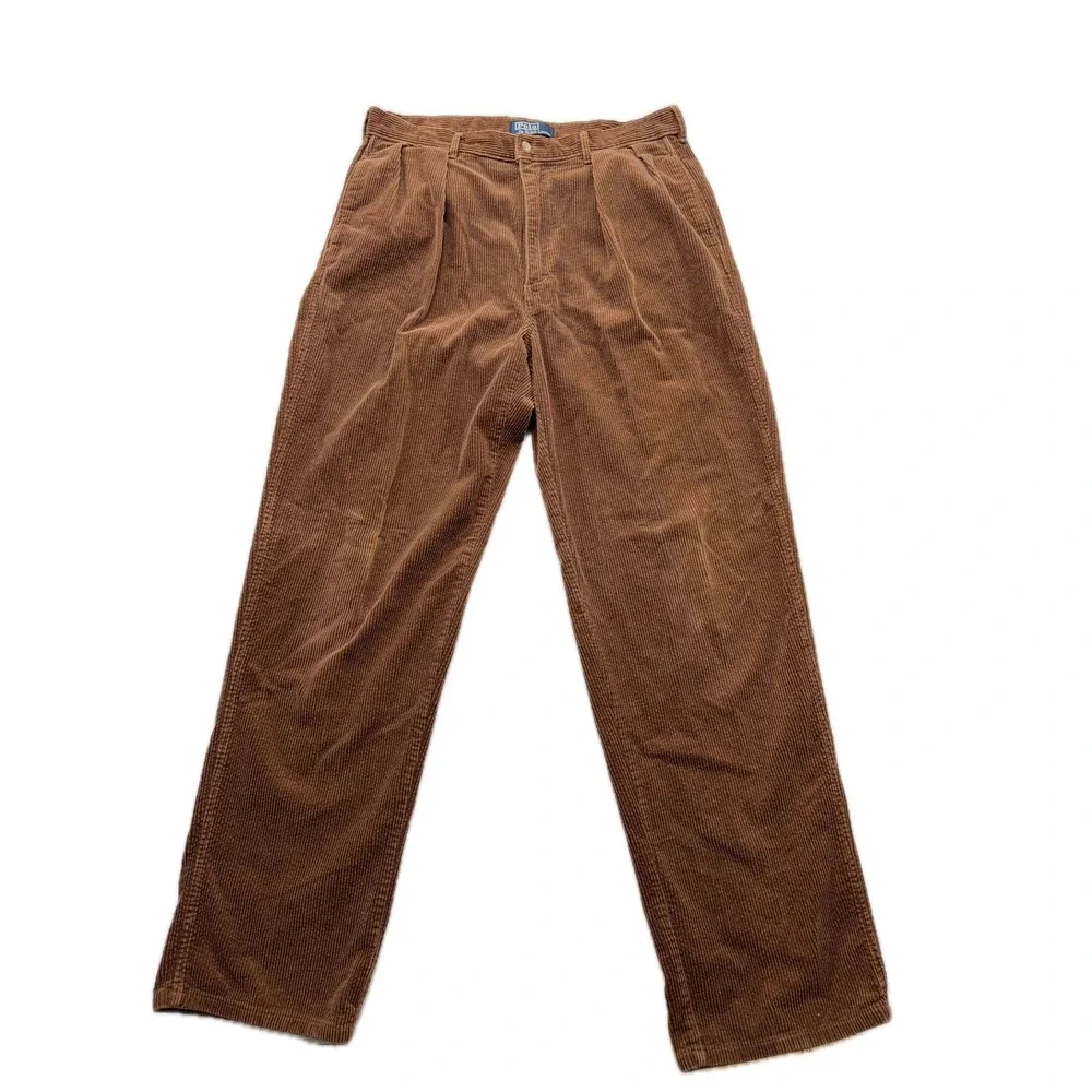 Vintage Polo Ralph Lauren Pants Corduroy Double Pleated Brown Mens 36x34